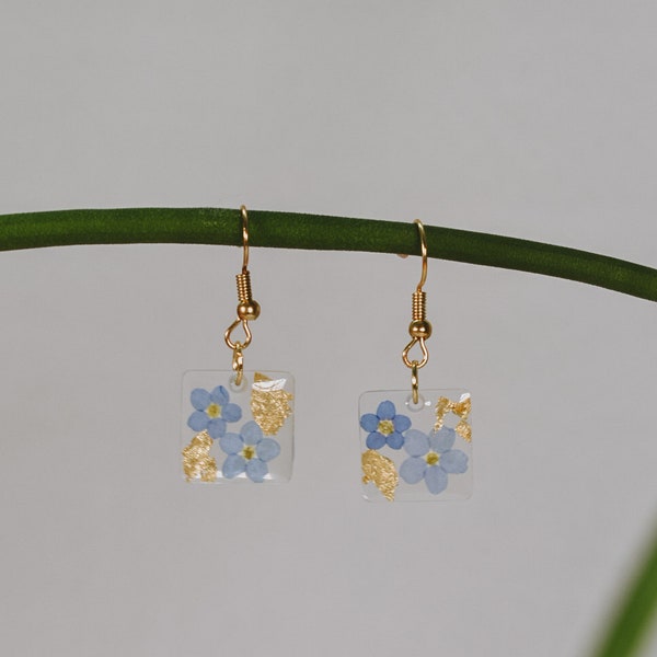 Forget-me-not & Gold Leaf Mini- Squares, Forget-me-not earrings, pressed flower earrings, real flower jewelry, resin jewelry