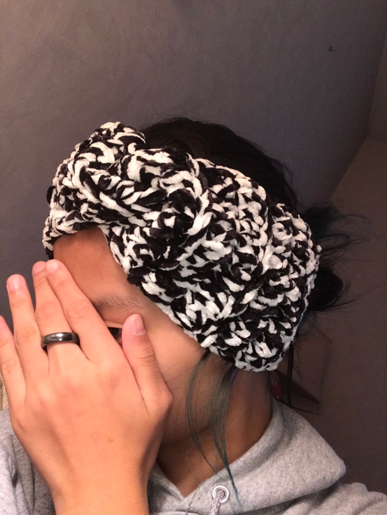 Twist Black and White Crochet Earwarmer Headband Velvet