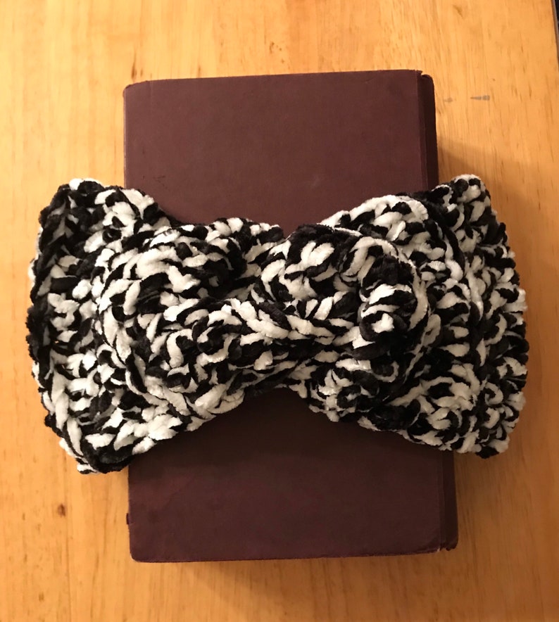 Twist Black and White Crochet Earwarmer Headband Velvet