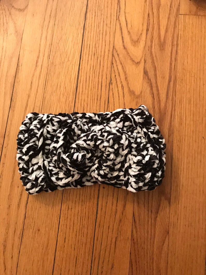 Twist Black and White Crochet Earwarmer Headband Velvet