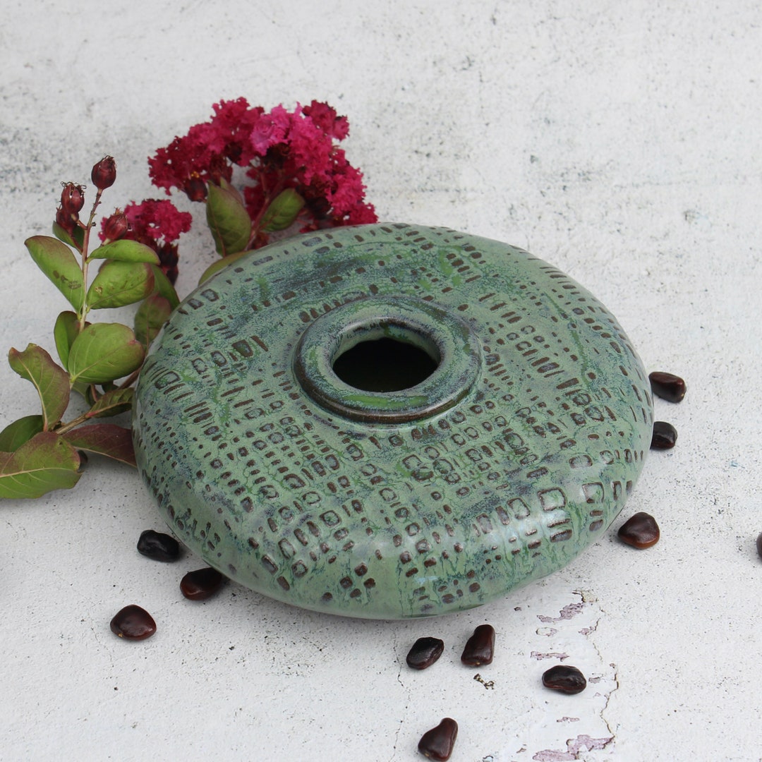 Ikebana Vase With Embossed Pattern. Green Ikebana With Frog. Etsy