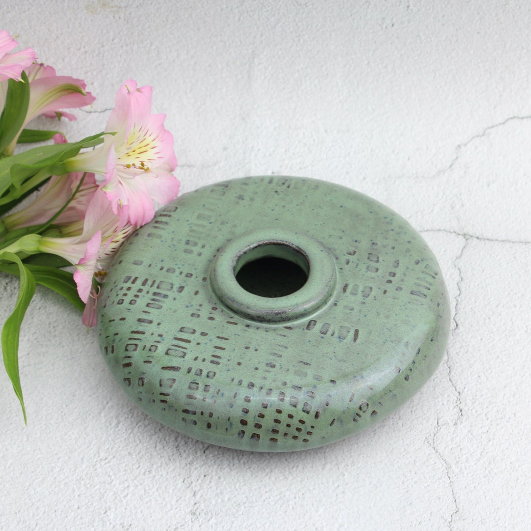 Ikebana Vase With Embossed Pattern. Green Ikebana With Frog. Flower