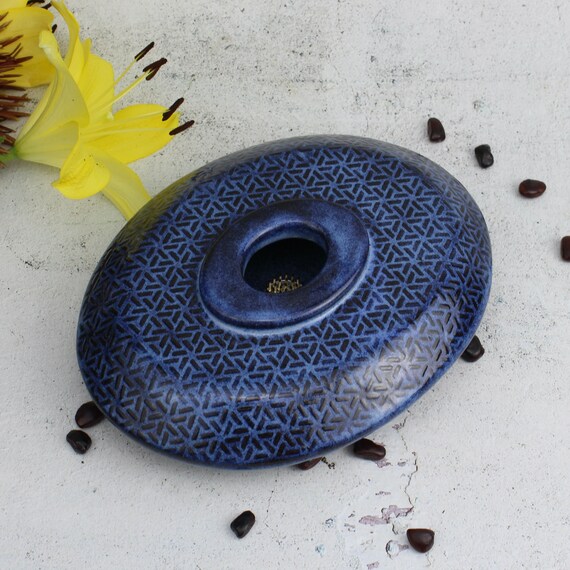 Ikebana Vase With Embossed Pattern. Oval Blue Ikebana With Etsy