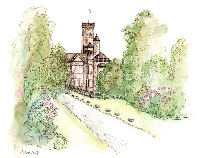 Castle Watercolor Print, Storybook Style, Fairytale Fine Art Print, Wedding Venue Art, wedding gift, Scottish Castle, Auchen Castle
