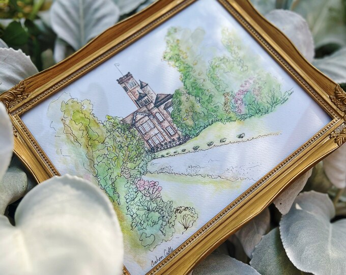 Scottish Castle watercolor Digital Art Print, for use in custom wedding invitations, wedding gift, storybook style, fairytale, Auchen