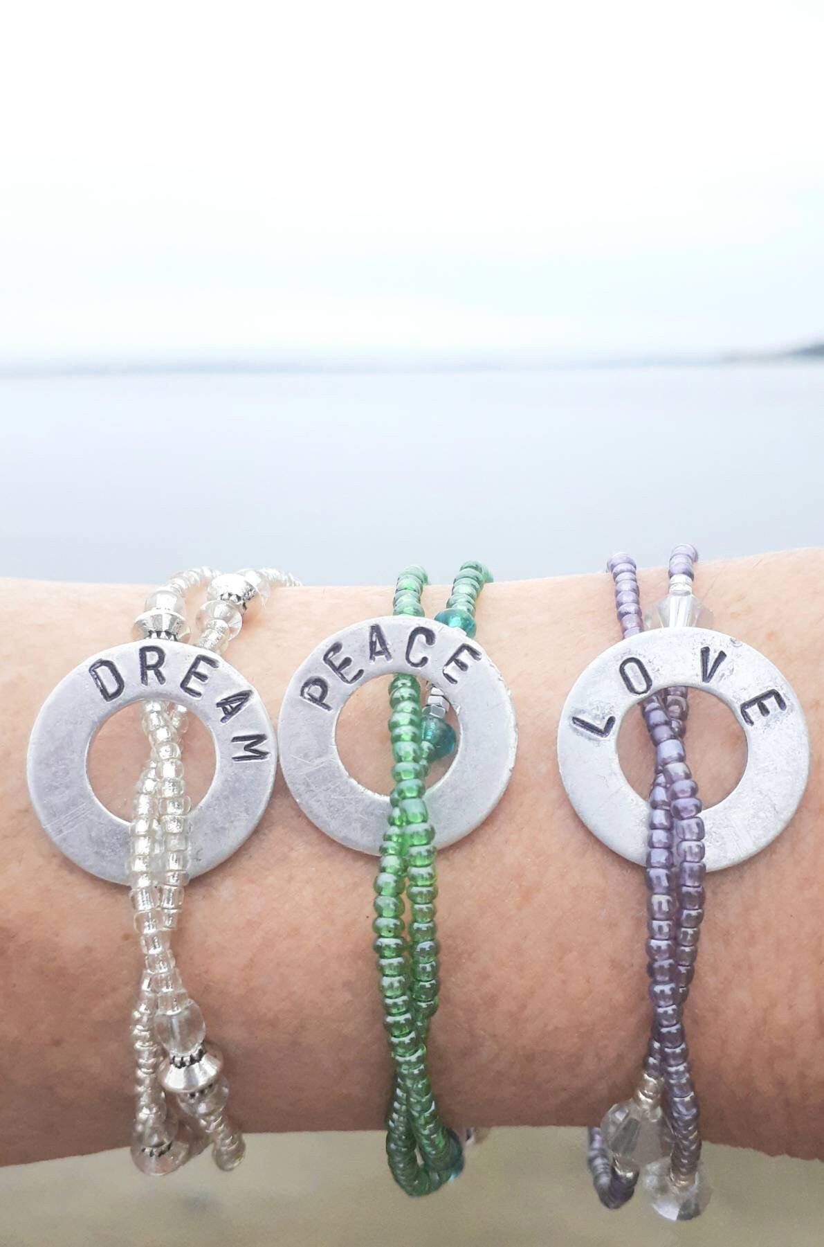 Dream Seed Bead Word Bracelet Womens Stamped Stretch Bead Etsy