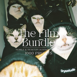 May include: A group of cats wearing black hoodies with the text "The Film Bundle" and "Drysstudio" on them. The text "Mobile & Desktop Lightroom Presets 1000 Presents" is also visible.