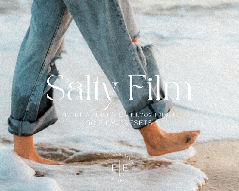 May include: A person's feet walking on a sandy beach with foamy waves. The text "Salty Film" is in the center of the image with the text "Mobile & Desktop Lightroom Presets 50 Film Presets" below it. The text "FIE Studio" is in a circle at the bottom of the image.