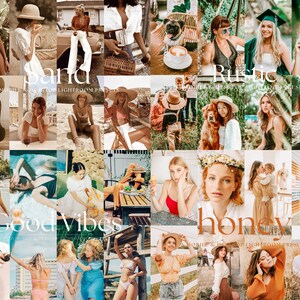 May include: A collection of 20 digital Lightroom presets for mobile photography. The presets are organized into four categories: Sand, Rustic, Good Vibes, and Honey. Each category features a unique color palette and editing style.