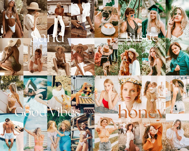 May include: A collection of 20 digital Lightroom presets for mobile photography. The presets are organized into four categories: Sand, Rustic, Good Vibes, and Honey. Each category features a unique color palette and editing style.