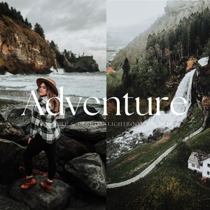 May include: A woman wearing a plaid shirt and a hat stands on rocks by the ocean. The word "Adventure" is written in white text over a photo of a waterfall and a house in the mountains.