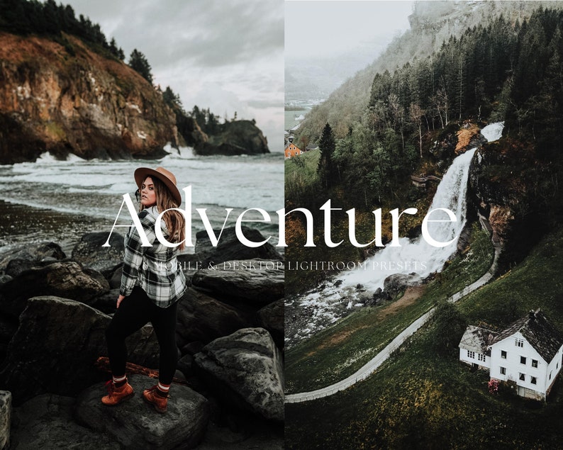 May include: A woman wearing a plaid shirt and a hat stands on rocks by the ocean. The word "Adventure" is written in white text over a photo of a waterfall and a house in the mountains.