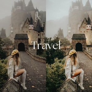 May include: A person wearing a yellow beret and a scarf sits on a stone wall, overlooking a medieval castle. The word "Travel" is written in white text. The scene is set in a misty, overcast environment.