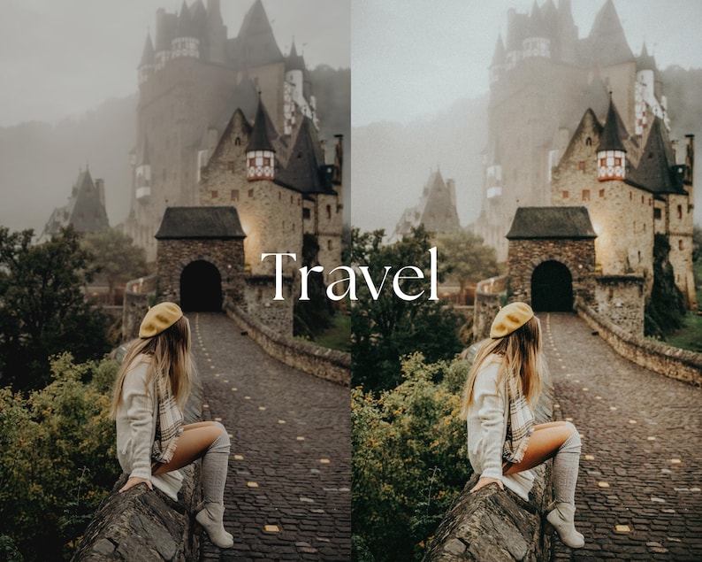 May include: A person wearing a yellow beret and a scarf sits on a stone wall, overlooking a medieval castle. The word "Travel" is written in white text. The scene is set in a misty, overcast environment.