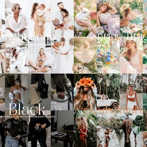 May include: A collage of images showcasing different Lightroom presets. The presets are categorized as "Bright Boho", "Spring Time", "Black", and "Adventure". Each category features a variety of images with different color palettes and styles.