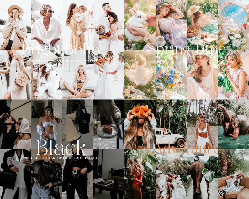 May include: A collage of images showcasing different Lightroom presets. The presets are categorized as "Bright Boho", "Spring Time", "Black", and "Adventure". Each category features a variety of images with different color palettes and styles.