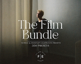 May include: A woman in a black shirt stands in front of a wall with the text "The Film Bundle" and "Mobile & Desktop Lightroom Presets 350 Presets" in white text. Below the text is a logo that says "Fill and Ellie F|E Studio".