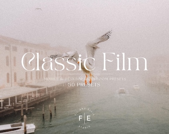 May include: A white seagull flies over a body of water with a building in the background. The text "Classic Film" is superimposed on the image, along with the text "Mobile & Desktop Lightroom Presets 50 Presets". The text "Fil & Ellie FIE Studio" is also visible in the image.