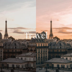 May include: A split-screen image showcasing a Parisian cityscape with the Eiffel Tower. The left side has a cooler tone, while the right side has a warmer, sunset-like hue. The word "Travel" is written in white across the image.