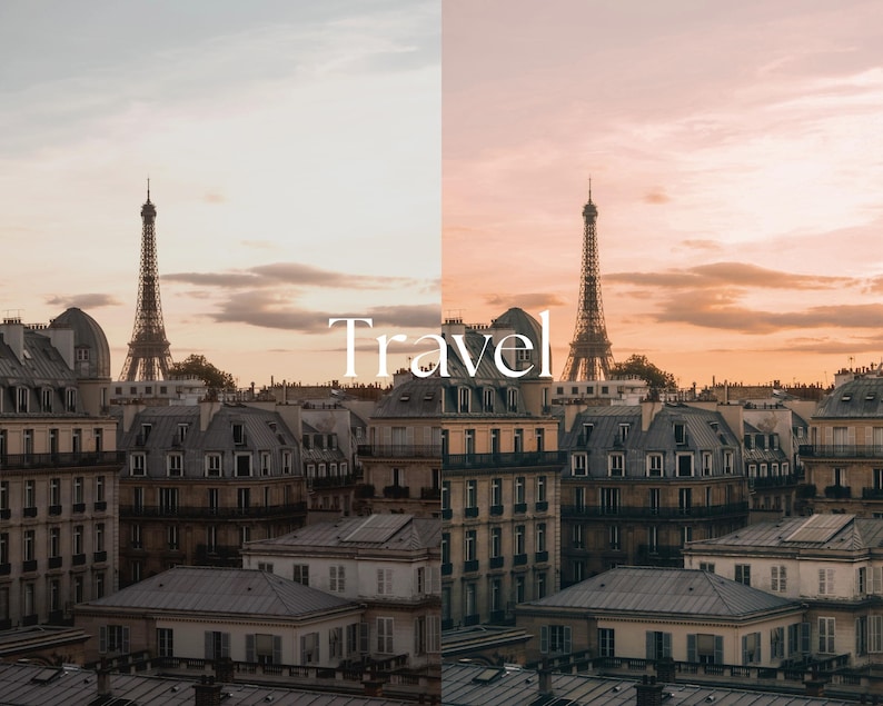 May include: A split-screen image showcasing a Parisian cityscape with the Eiffel Tower. The left side has a cooler tone, while the right side has a warmer, sunset-like hue. The word "Travel" is written in white across the image.