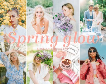 Puede incluir: Un collage de imágenes con un tema primaveral. Las imágenes incluyen un ramo de flores moradas, una mujer con un vestido blanco, una pareja en un bosque, una mujer sosteniendo un ramo de flores, una mujer con una camisa rosa, una mujer con un vestido azul y una mujer con una camisa rosa. El texto "Spring glow" está escrito en letras rosas en la parte superior del collage.