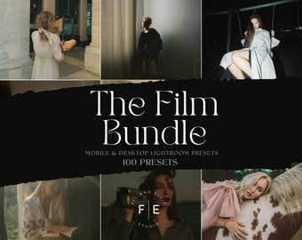 May include: A collage of images showcasing a collection of 100 mobile and desktop Lightroom presets called "The Film Bundle". The images feature people in various settings, including a woman in a white dress, a woman in a black dress, and a woman in a white coat.
