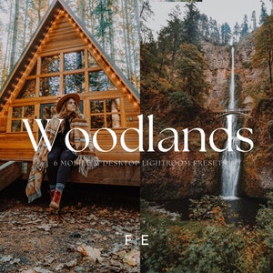 May include: A set of 6 mobile and desktop Lightroom presets called "Woodlands". The presets are designed to enhance photos with a warm, rustic, and natural feel. The image shows a cabin in the woods and a waterfall in a forest.
