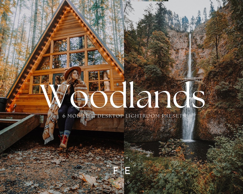 May include: A set of 6 mobile and desktop Lightroom presets called "Woodlands". The presets are designed to enhance photos with a warm, rustic, and natural feel. The image shows a cabin in the woods and a waterfall in a forest.