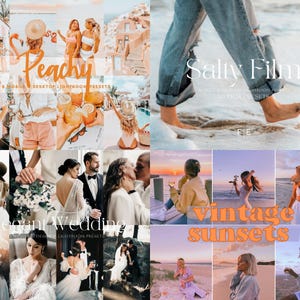 May include: A collage of images showcasing different Lightroom presets. The presets include "Peachy", "Salty Film", "Elegant Wedding", and "Vintage Sunsets".