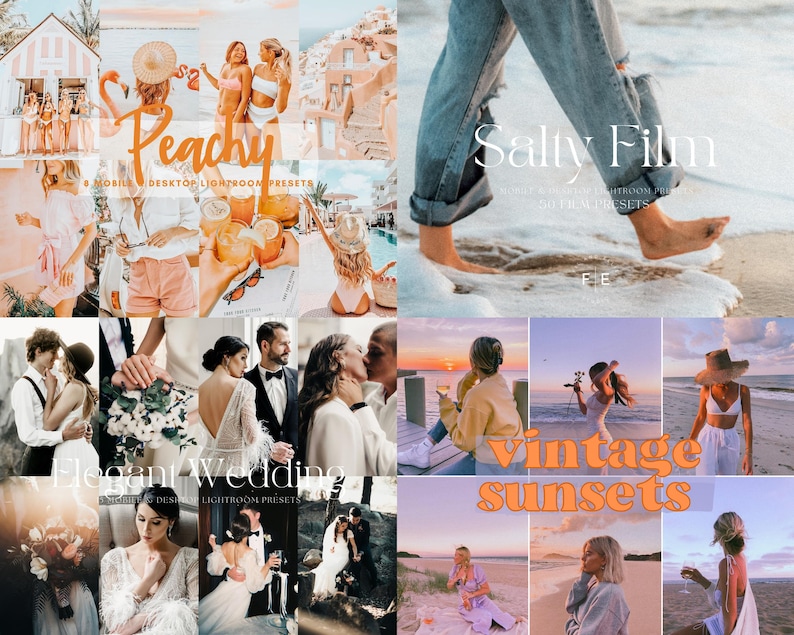 May include: A collage of images showcasing different Lightroom presets. The presets include "Peachy", "Salty Film", "Elegant Wedding", and "Vintage Sunsets".