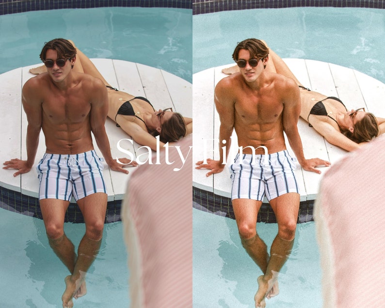 May include: Two people are sitting by a pool. The person in the foreground is wearing white and blue striped swim trunks and sunglasses. The person in the background is wearing a black bikini and sunglasses. The pool is blue and there is a white wooden platform around the pool.