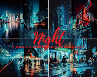 May include: A collage of six images showcasing different cityscapes at night. The images feature neon signs, wet streets, and people walking in the rain. The text "Night" is written in red across the middle of the collage. The text "6 Mobile & Desktop Lightroom Presets" is written below the word "Night".