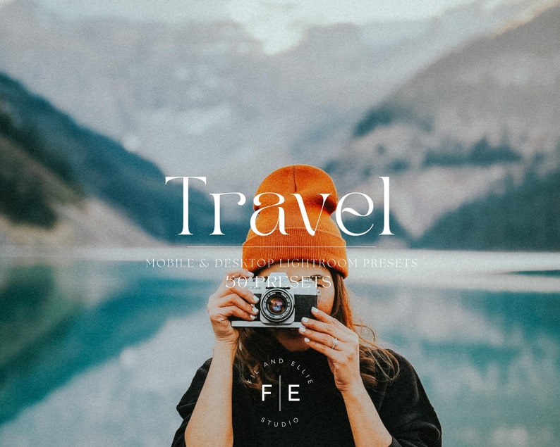 May include: A scenic image featuring the word "Travel" in elegant white script. The photo showcases a person holding a vintage camera, with an orange beanie, against a backdrop of mountains and water. The text "MOBILE & DESKTOP LIGHTROOM PRESETS" and "50+ PRESETS" are also visible.