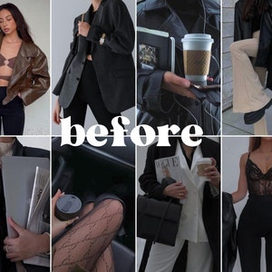 May include: A collage of images featuring different women wearing stylish outfits. The images include a woman in a brown leather jacket, a woman in a black blazer, a woman in a black leather jacket, a woman in a black lace top, and a woman in a white blazer. The images are arranged in a grid pattern and the word "before" is written in large letters across the middle of the collage.