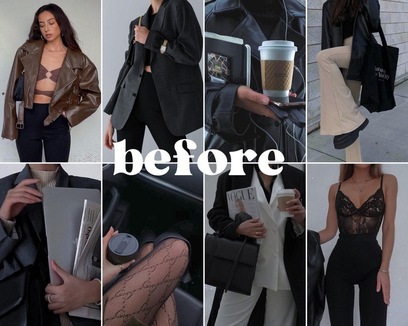 May include: A collage of images featuring different women wearing stylish outfits. The images include a woman in a brown leather jacket, a woman in a black blazer, a woman in a black leather jacket, a woman in a black lace top, and a woman in a white blazer. The images are arranged in a grid pattern and the word "before" is written in large letters across the middle of the collage.