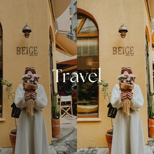 May include: A person holding a bouquet of pink flowers in front of a beige building with the word "BEIGE" above the entrance. The word "Travel" is written in white script. The person is wearing a white sweater and a long beige skirt.