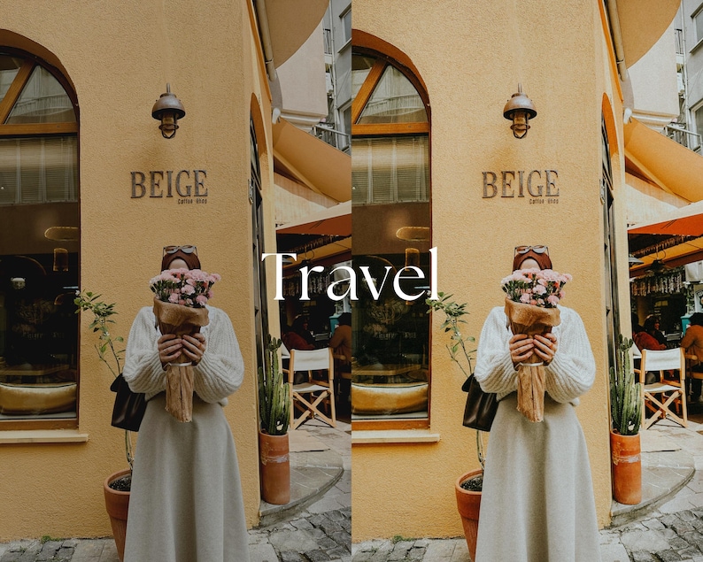 May include: A person holding a bouquet of pink flowers in front of a beige building with the word "BEIGE" above the entrance. The word "Travel" is written in white script. The person is wearing a white sweater and a long beige skirt.