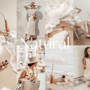 May include: A collage of images featuring a variety of natural elements, including a beach, a fountain, and a woman wearing a white dress. The images are all in a warm, natural colour palette and have a calming, serene feel. The text "Natural Lightroom Presets" is superimposed on the images.