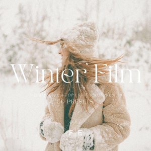 May include: A woman in a white hat and a beige coat stands in a snowy landscape. The text "Winter Film" is superimposed on the image, along with the words "Mobile & Desktop Lightroom Presets 50 Presets".