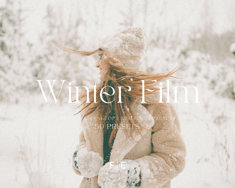 May include: A woman in a white hat and a beige coat stands in a snowy landscape. The text "Winter Film" is superimposed on the image, along with the words "Mobile & Desktop Lightroom Presets 50 Presets".