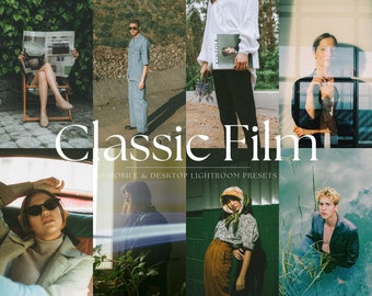 May include: A collage of images showcasing a variety of people and settings, with a text overlay that reads "Classic Film" and "Mobile & Desktop Lightroom Presets".