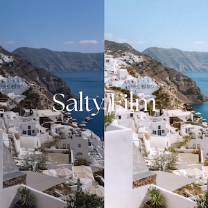 May include: A panoramic view of a white-washed village nestled on a cliffside overlooking a blue ocean. The village is built into the hillside and features white buildings with blue accents. The ocean is a deep blue and there are boats in the water. The text "Salty Film" is superimposed over the image.