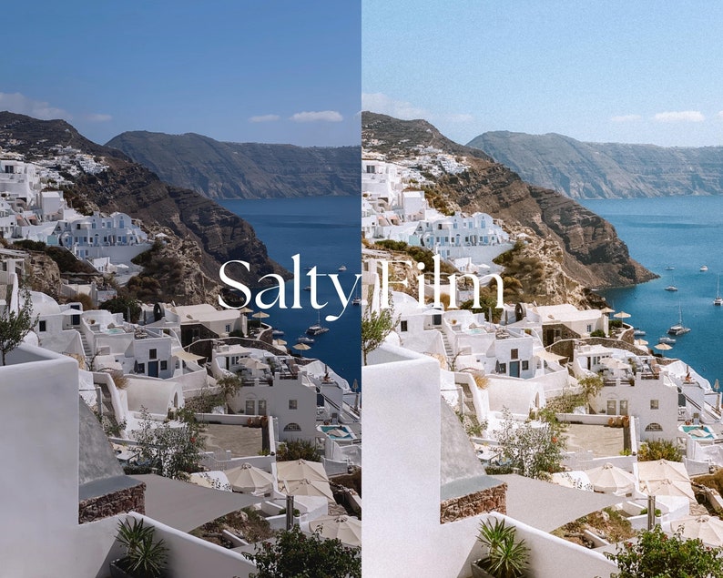 May include: A panoramic view of a white-washed village nestled on a cliffside overlooking a blue ocean. The village is built into the hillside and features white buildings with blue accents. The ocean is a deep blue and there are boats in the water. The text "Salty Film" is superimposed over the image.
