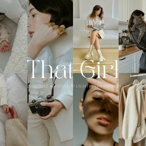 Puede incluir: Un collage de imágenes con una mujer con un suéter blanco, una mujer con un vestido blanco, una mujer con una camisa blanca, una mujer con un vestido negro, un bebé con un mameluco blanco, un gato y una cámara. El texto "That Girl" se muestra en el centro del collage. El texto "25 Mobile & Desktop Lightroom Presets" se muestra debajo del texto "That Girl".