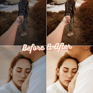 Pu&ograve; includere: Un collage di foto prima e dopo che mostra gli effetti della modifica delle foto. L'immagine in alto a sinistra mostra una coppia che cammina lungo una scogliera con vista sull'oceano al tramonto. L'immagine in alto a destra mostra la stessa coppia con colori migliorati e un tono pi&ugrave; caldo. L'immagine in basso a sinistra mostra una coppia che si abbraccia, e l'immagine in basso a destra mostra la stessa coppia con colori migliorati e un tono pi&ugrave; caldo.