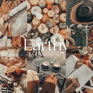 May include: A collection of autumn-themed Lightroom presets called "Earthy" for mobile and desktop. The image shows a variety of autumnal colours, including brown, orange, and yellow. There are pumpkins, leaves, and a bicycle in the image.