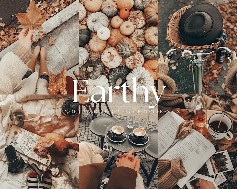 May include: A collection of autumn-themed Lightroom presets called "Earthy" for mobile and desktop. The image shows a variety of autumnal colours, including brown, orange, and yellow. There are pumpkins, leaves, and a bicycle in the image.