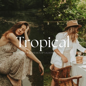 May include: Two women in a natural setting. One woman is wearing a white shirt and a brown hat, sitting on a wooden chair at a table with a plate of pancakes. The other woman is wearing a floral dress and is sitting on a rock. The text "Tropical 15 Mobile & Desktop Lightroom Presets" is visible in the image.