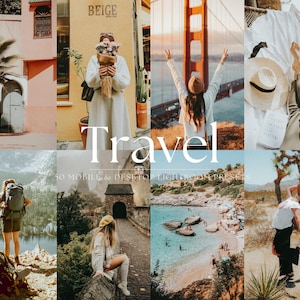 May include: A collage of travel-themed photos. The word "Travel" is displayed in a large, elegant font. The images include scenes of architecture, landscapes, and people, suggesting a collection of Lightroom presets for mobile and desktop use.