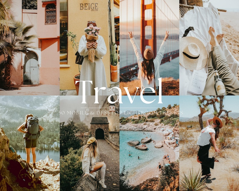 May include: A collage of travel-themed photos. The word "Travel" is displayed in a large, elegant font. The images include scenes of architecture, landscapes, and people, suggesting a collection of Lightroom presets for mobile and desktop use.